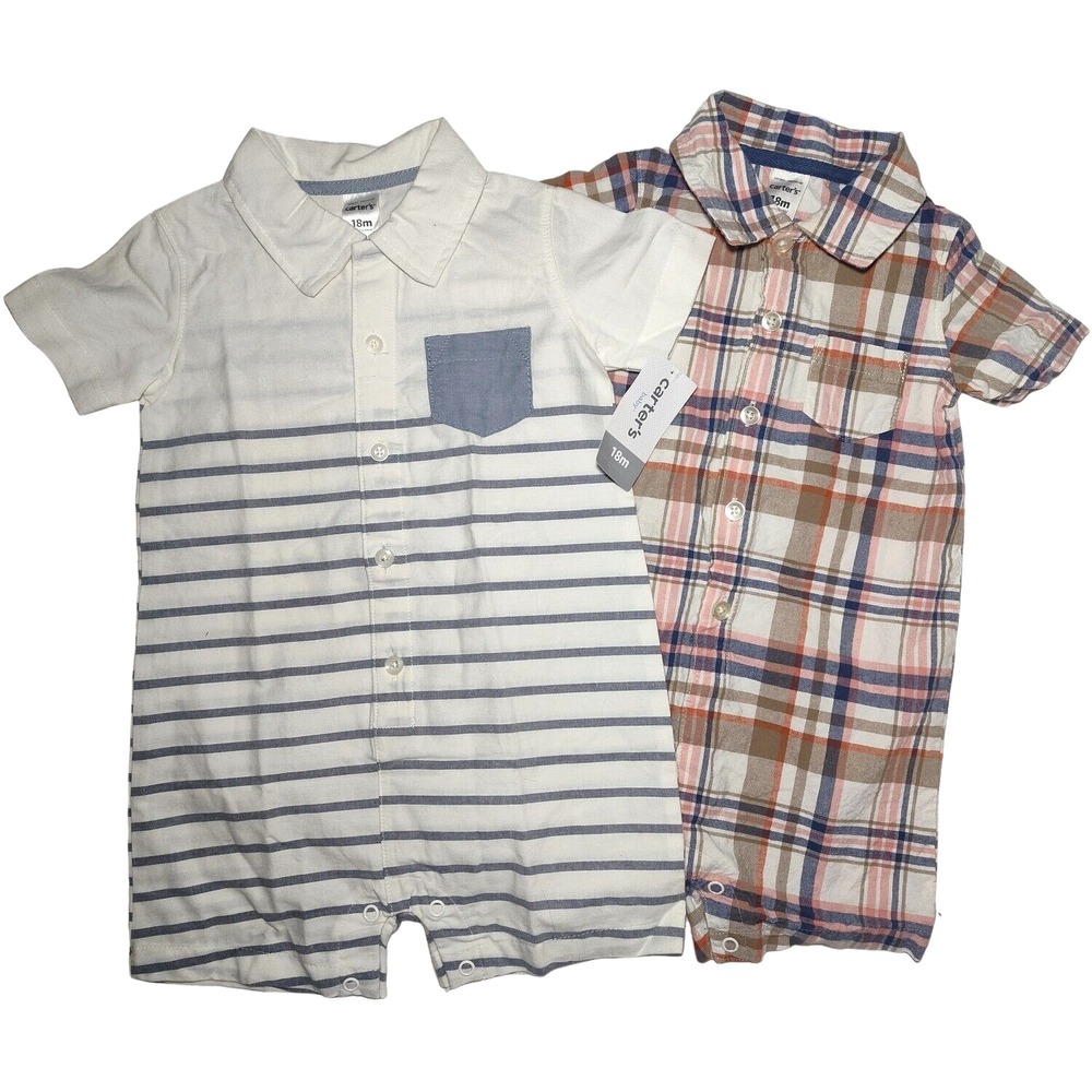 Carter's Collared Outfit Lot 18 Mos Stripe Plaid Beige White‎ Blue Cotton Romper